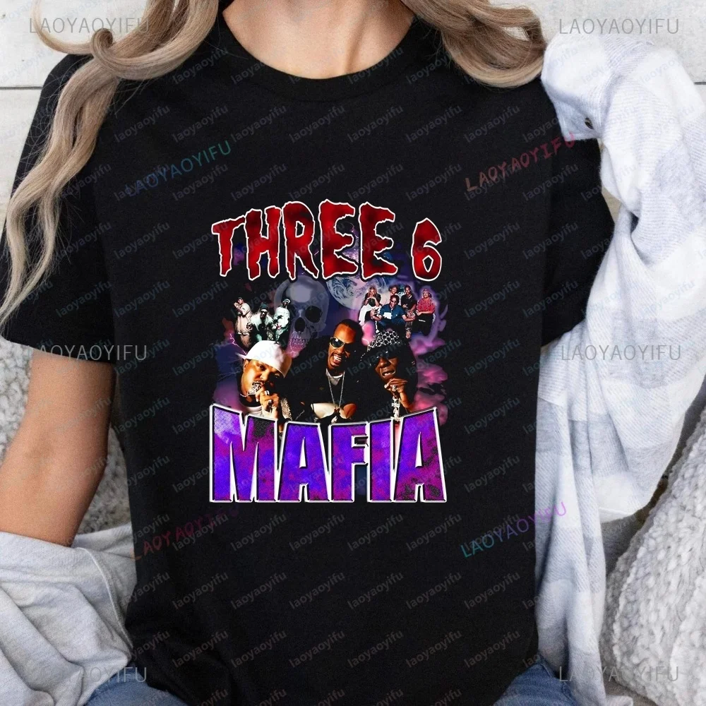 Retro Three 6 Mafia Rap Group Print T-shirt - Stylish and Trendy Y2k Short-sleeved Unisex Shirt with Universal Fit, Large Size