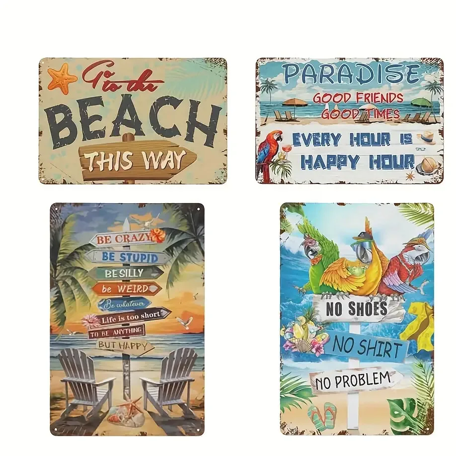 4pcs Tropical Beach Wall Signs With Funny Sayings - Aluminum Metal Wall Hanging Plaques Suitable For Home,Bar,For Man Cave Decor
