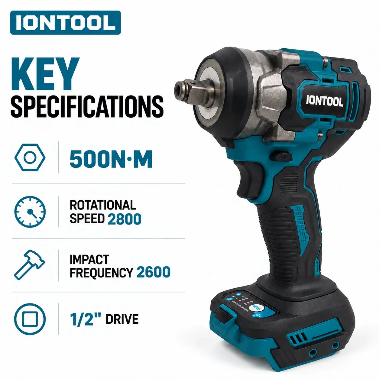 IONTOOL Handheld Cordless Impact Wrench 500N 2800RPM 2600IPM 1/2 Inch Drive Tool Only for Nut Bolt Fastening