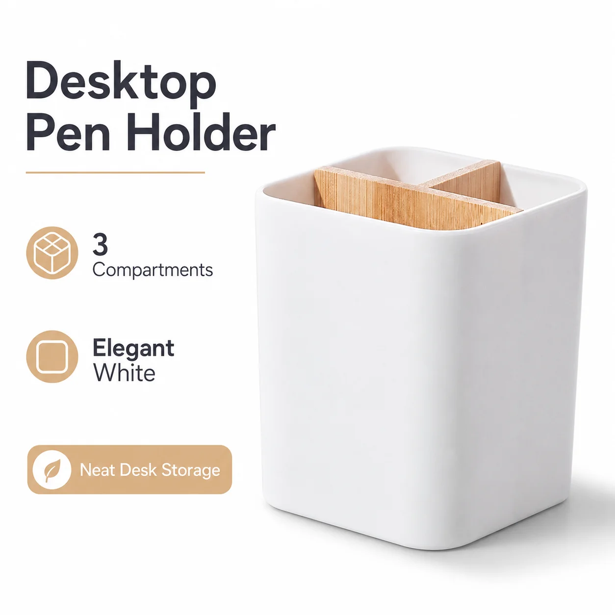 QA Modern Desk Pen Holder Organizer 3 Compartments Bamboo Divider White Minimalist Storage Cup for Office Home School Supplies O view 2