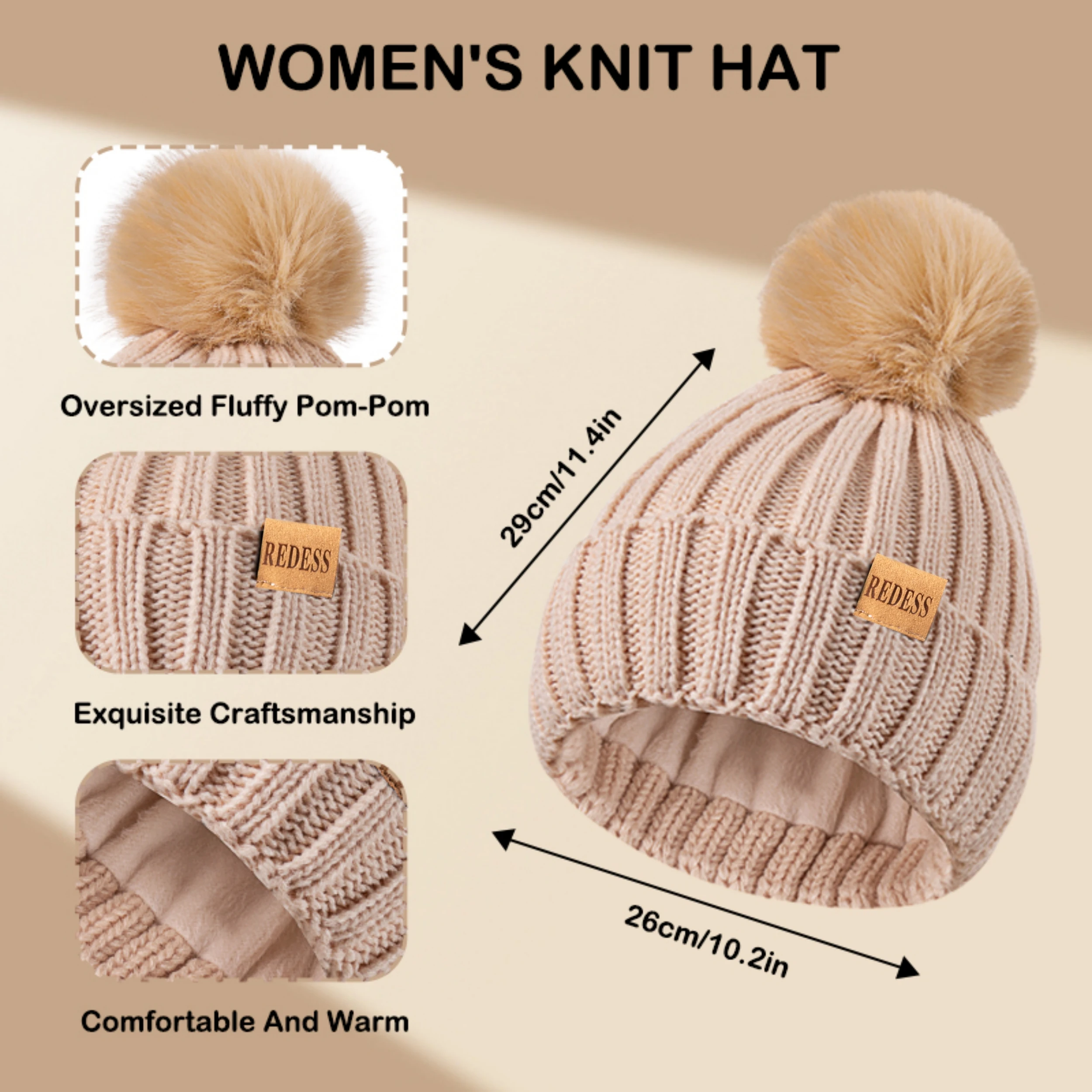 Chapéu de pompom casual de inverno feminino, luvas elásticas e quentes, cachecol longo de malha, conjunto de três peças, solto e confortável