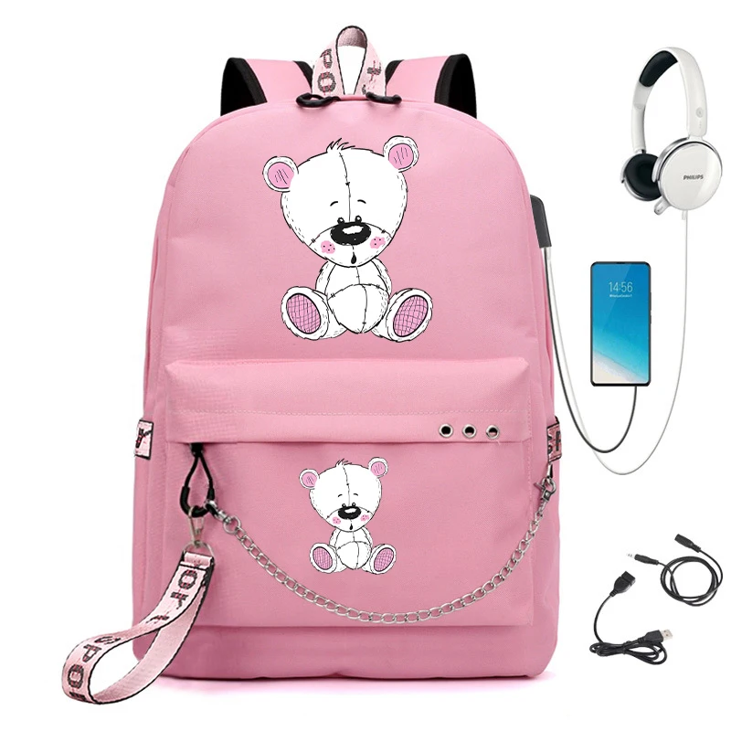 Niedliche Zeichnung Teddy Print Schult asche für College-Studenten wasserdichten Rucksack trend ige Mädchen Cartoon Anime Laptop-Rucksäcke