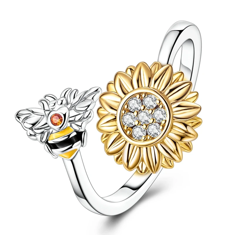 100 % 925 Sterling Silber Sonnenblume Biene offene Ringe Damen Ring für Geburtstagsfeier Schmuck Jahrestag feine Geschenke