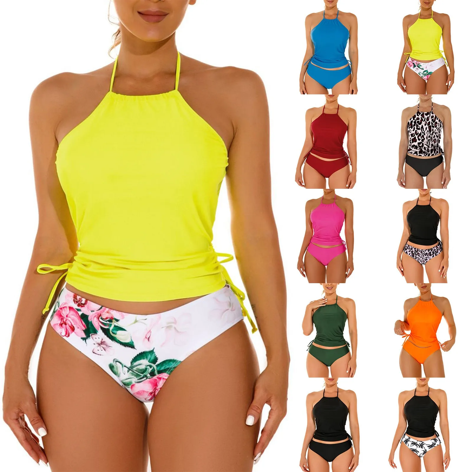 Women Bikini halter Retro Lace Up Swimsuit Beach Split Backless Solid Color Bandage Bikini Swimsuit Seaside Party Light Bikini