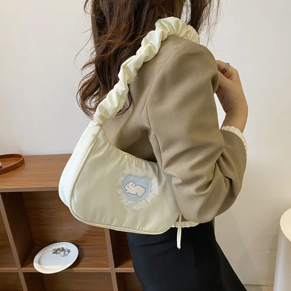 Lace Love Rabbit Underarm Bag Large Capacity Korean Style Pleated Strap Shoulder Bag Tote Bag Solid Color Sweet Handbag Girls