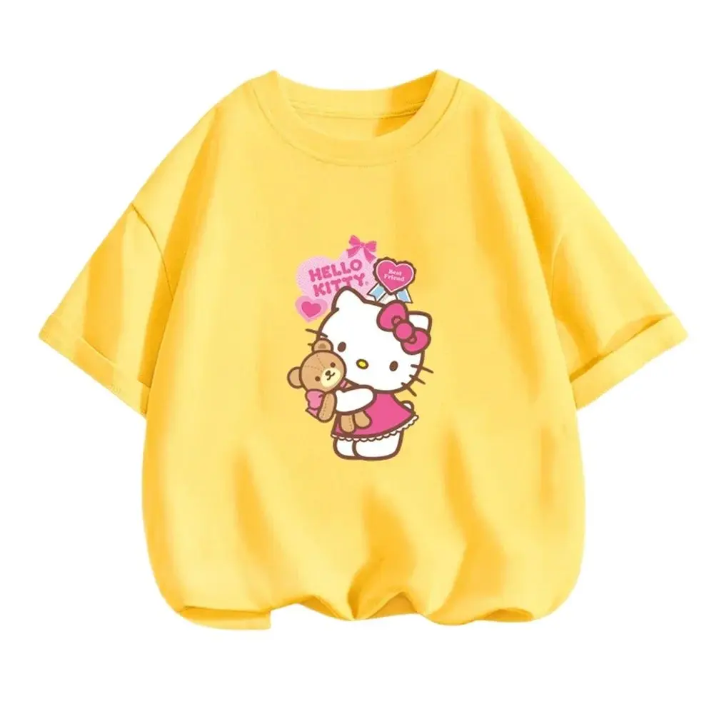 2024 Anime Hello Kitty Tshirt Kids T-Shirts Sets Fashion Women Short Sleeve Baby Boy Clothes Casual Summer Casual Wednesday Tops