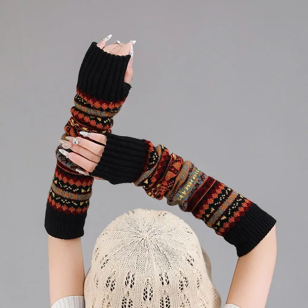 Christmas Warm Arm Warmer Retro Bohemian Women Long Fingerless Gloves Winter Crochet Wool Warm Arm Sleeves Driving Mittens Gifts