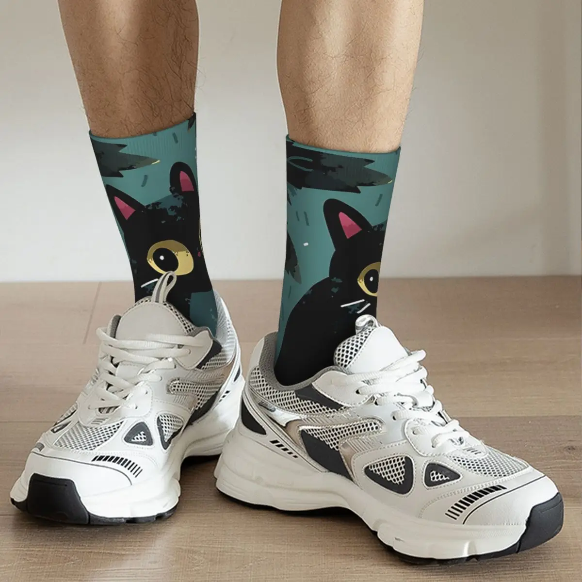 Vintage gato preto compressão meias masculino, gato de Halloween unisex, Harajuku padrão impresso novidade tripulação Sock