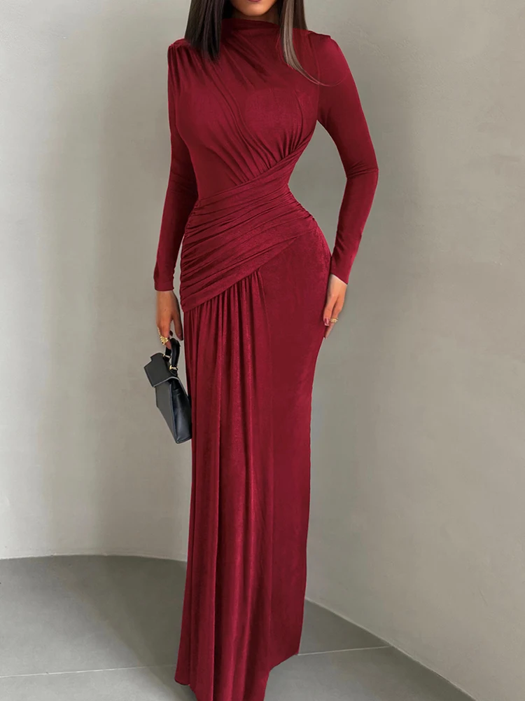 Kliou Casual Simple Elegant Long Dresses Woman Autumn New Style o-Neck Full Sleeve Ruched High Waist Christmas Party Vestidos - Image 4