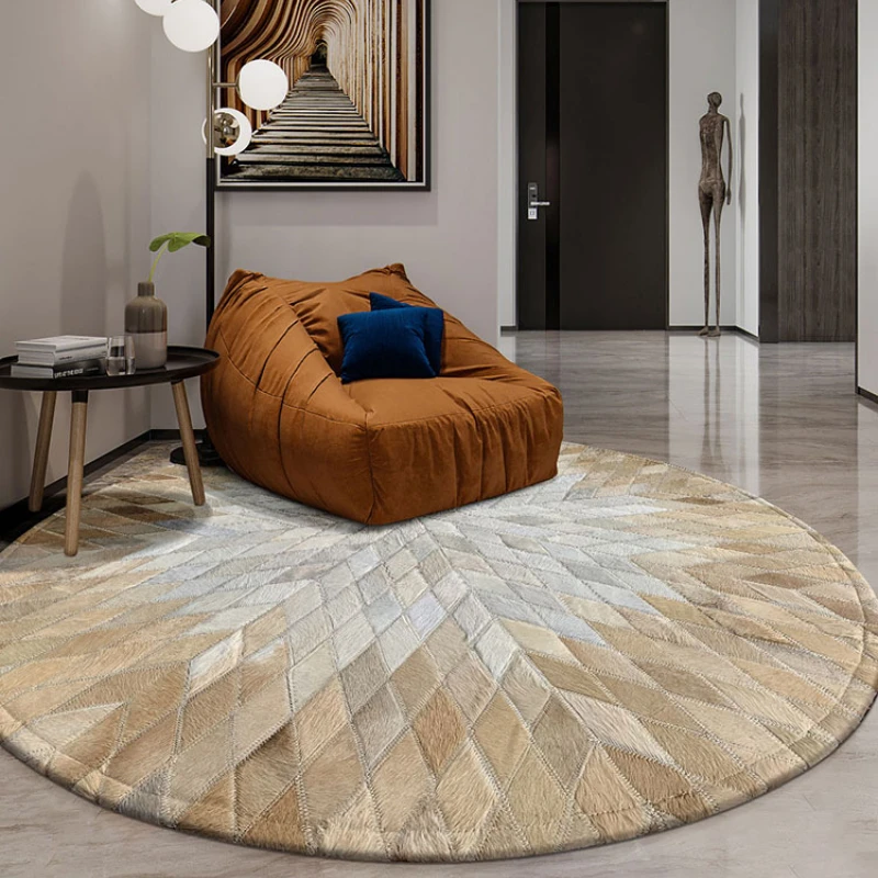 Luxury Cowhide Mosaic Round Carpet Living Room Tea Table Study Bedroom Bedside Blanket Computer Swivel Chair Floor Mat