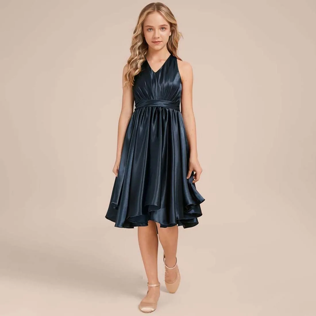 

GIOIO A-line V-Neck Asymmetrical Stretch Flower Girl Dress Satin Junior Bridesmaid Dress