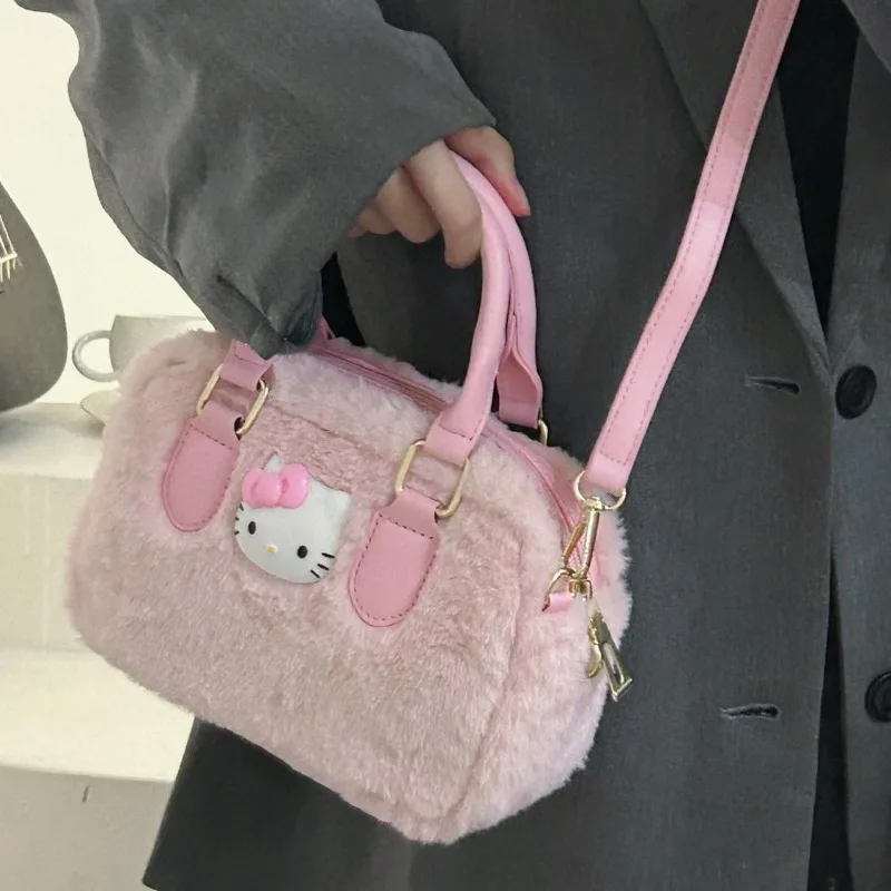 MBTI Pink Hello Kitty Womens Handbag Plush Elegant Cute Fluffy Korean Fashion Shoulder Bag Youth Ladies Designer Crossbody Bag