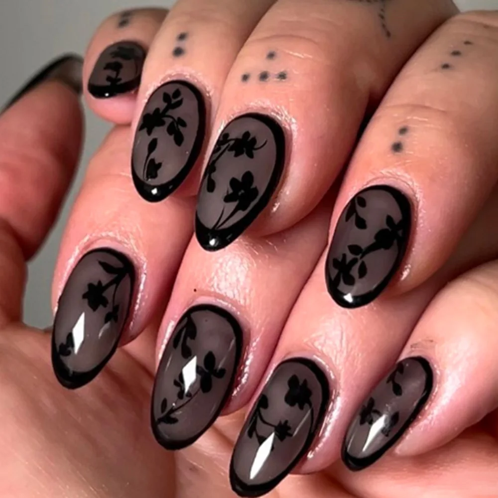 24Pcs Shiny Powder Design Press on Nails Sets Ins Patches Long Stiletto False Nails Black Almond Smudge Marble Pattern Fake Nail