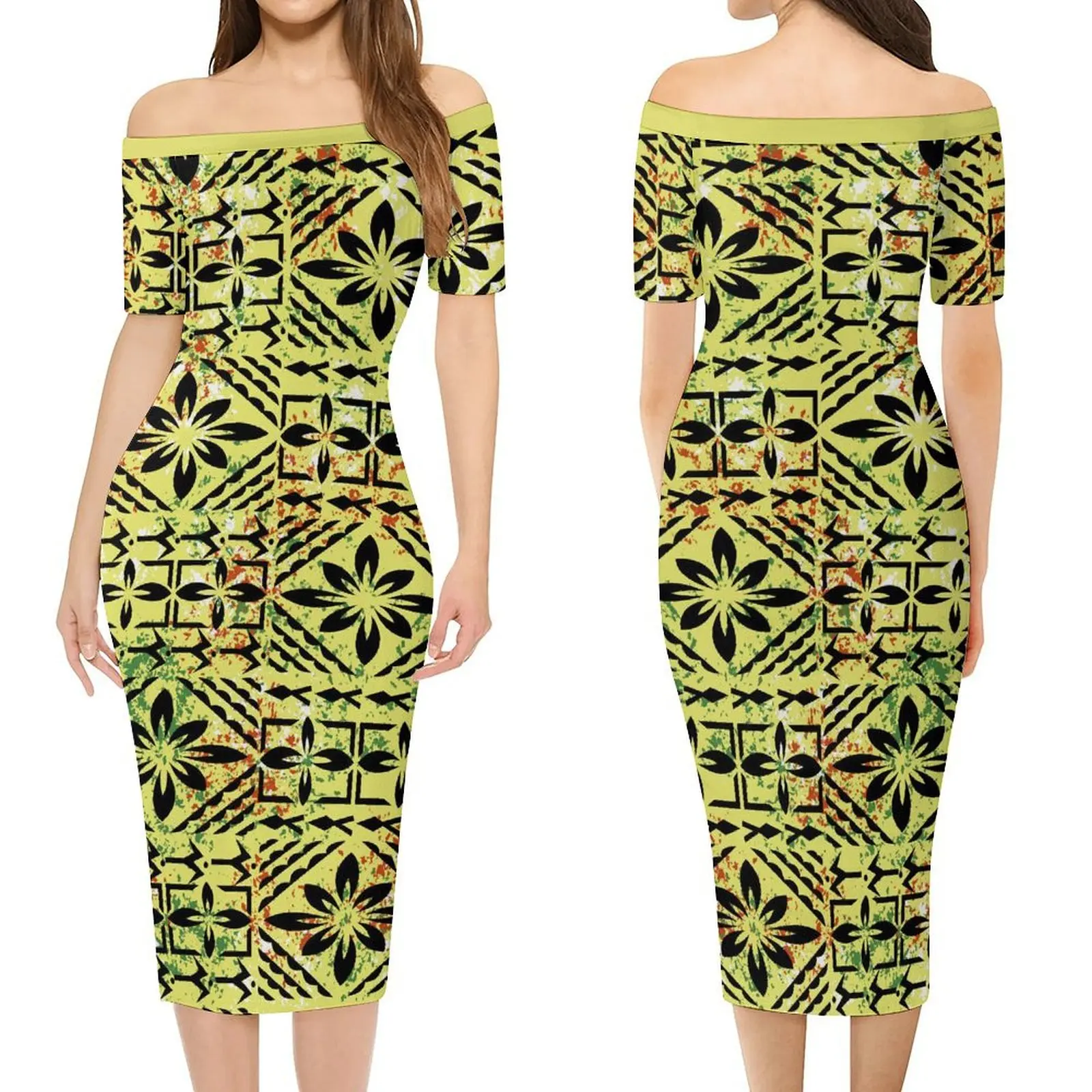 Custom Samoan Clothing Women'S Off-The-Shoulder Short Sleeve Maxi Midi Party Fashion Sheath Dress Pacific Island Design