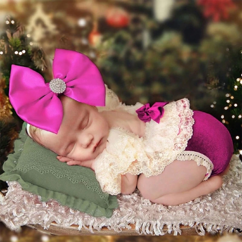 

Infant Photography Props Christmas Red Romper Bowknot Headband Baby Photo Suit Photoshooting Clothes Newborn Shower Gift