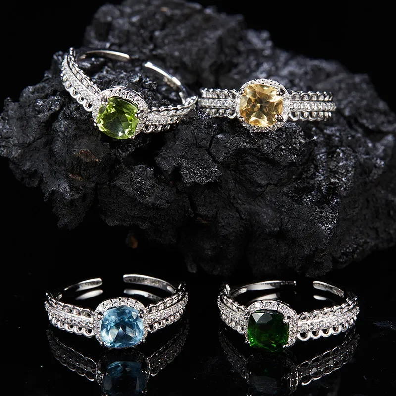 S925 Sterling Silver Natural Citrine Topaz Diopside Peridot Colored Treasure Ring Women's Full Diamond Round Open Ring