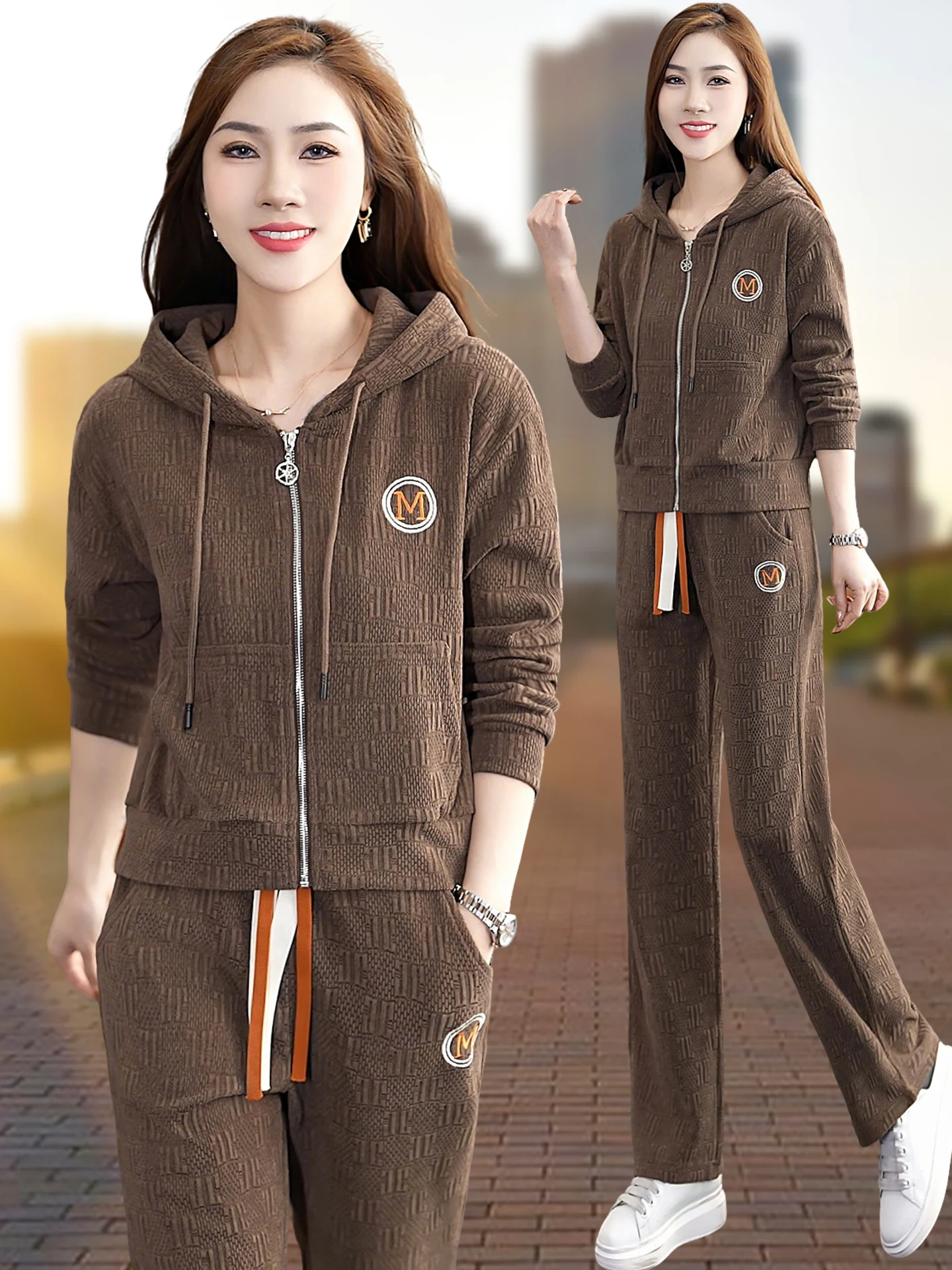 

Повседневный модный комплект спортивной одежды, женский весенний комплект 2026, новый открытый кардиган с капюшоном, толстовка для бега, комплект из двух предметов