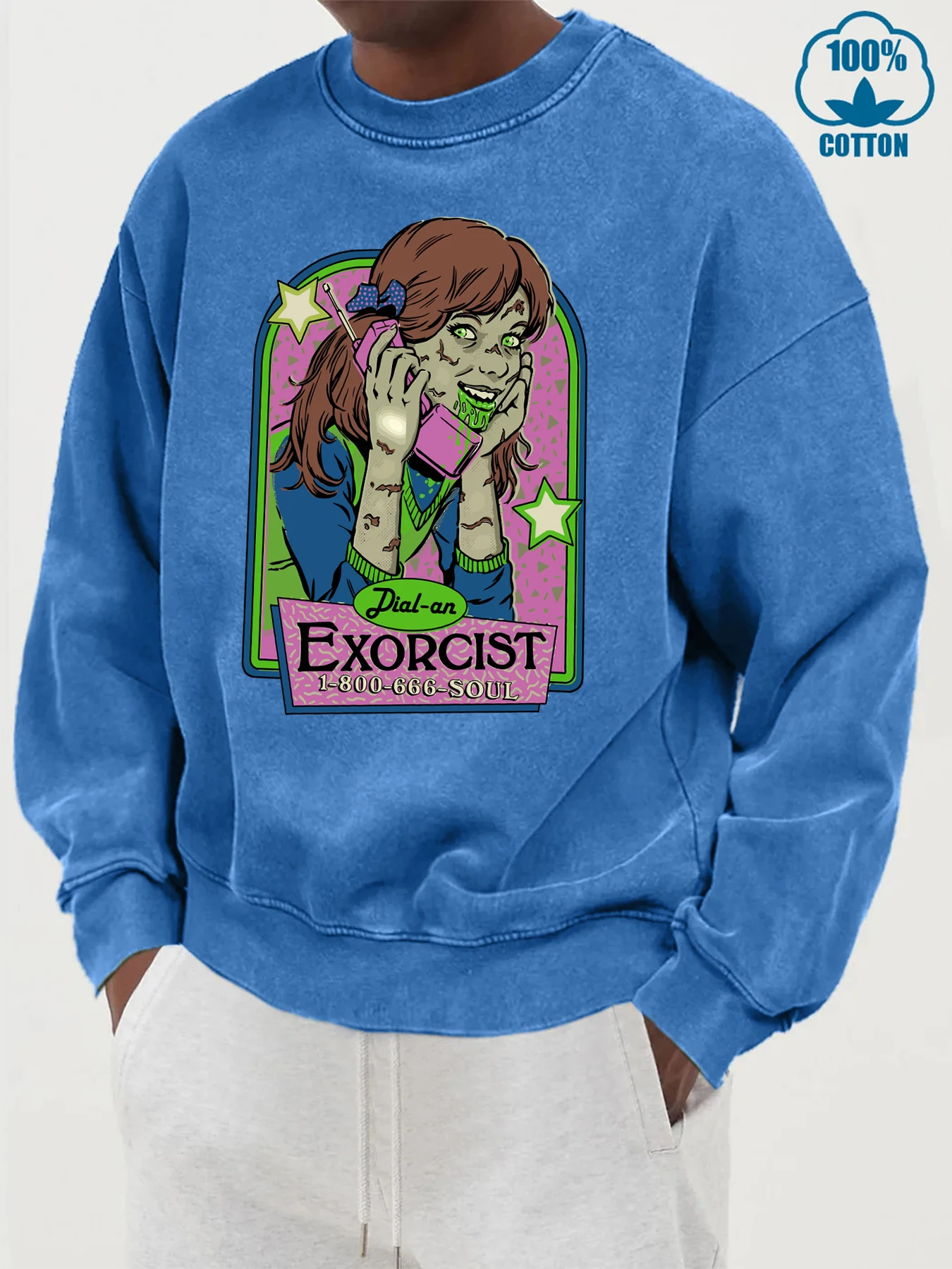 Call The Exorcist Design Male Washed Cotton Sweatshirt Simple Crewneck Pullovers Street Oversize Clothing Autumn Fashion Tops