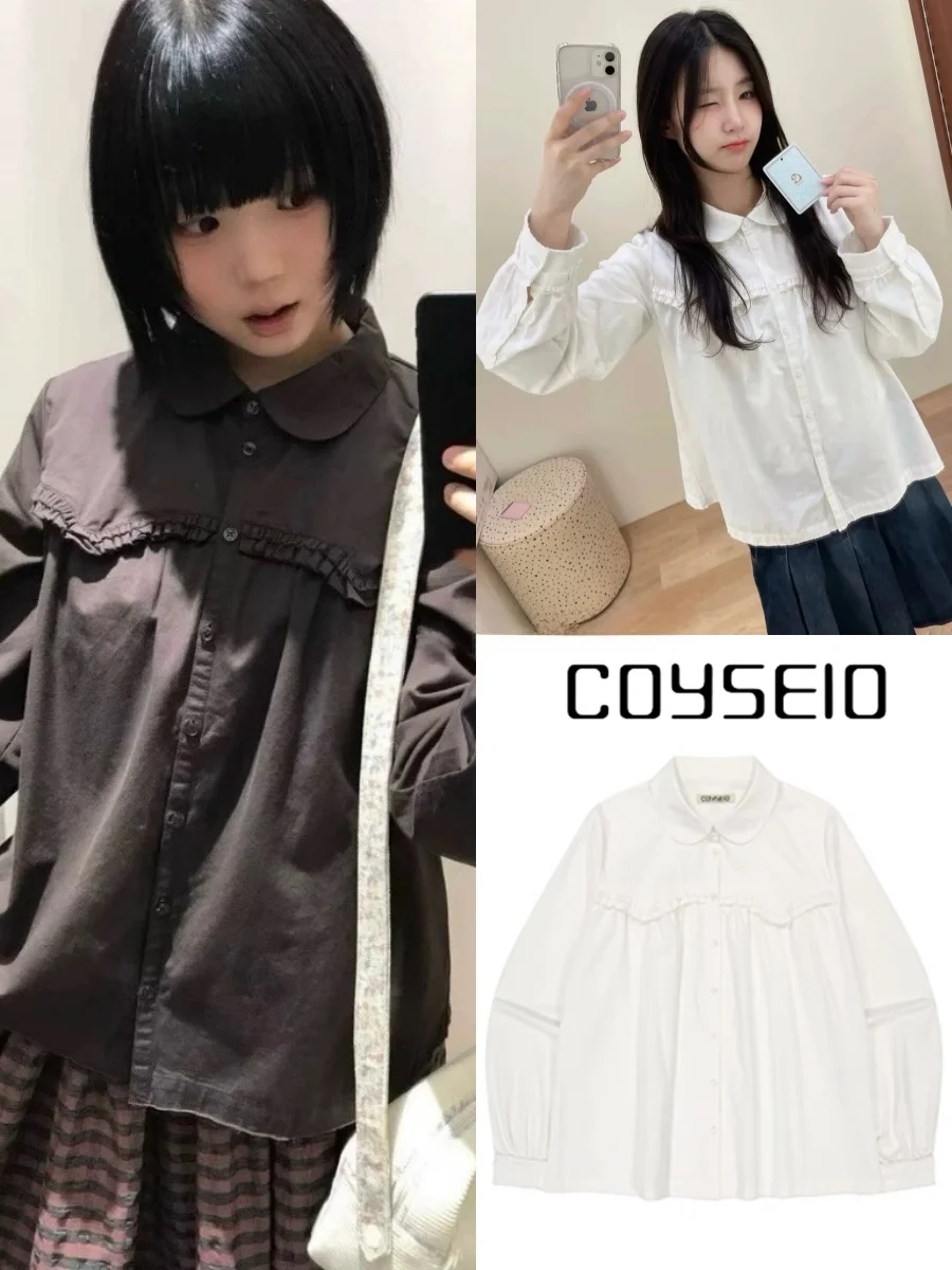 

Loose Casual Gored Hem Doll Collar Long Sleeve Shirt Autumn Winter New Style College Style Cotton Women's Shirt Japanese Style