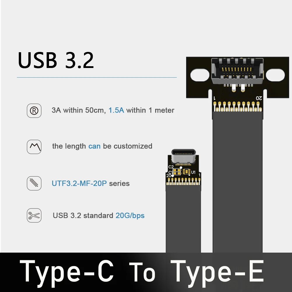 

20Gbps USB 3.2 Type C To Type-E Male To Female Fold 90 Degree Flat Extension Cable USB C for ITX/ATX Motherboard A4 Case F9T-T6A