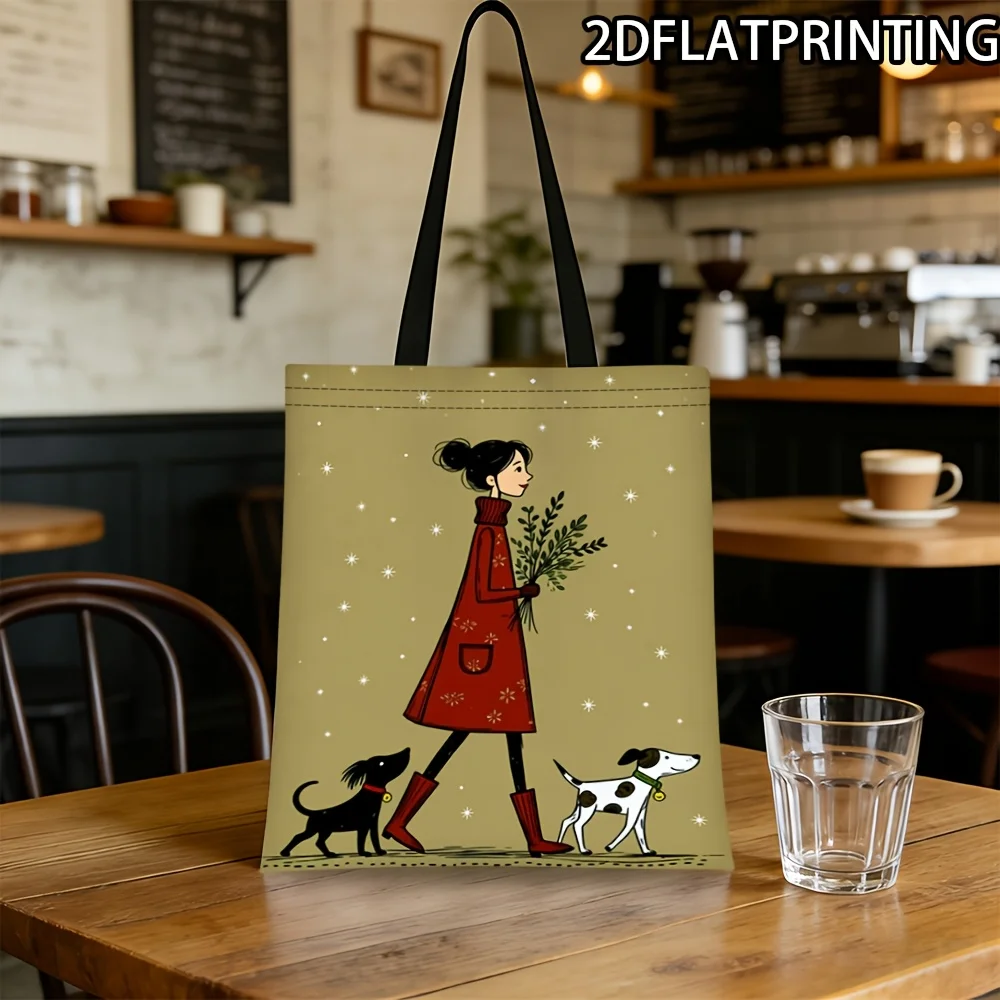 Fashionable Winter Dog-Walking Pattern Tote Bag, Brightly Colored 2D Printed Reusable Shopping Bag