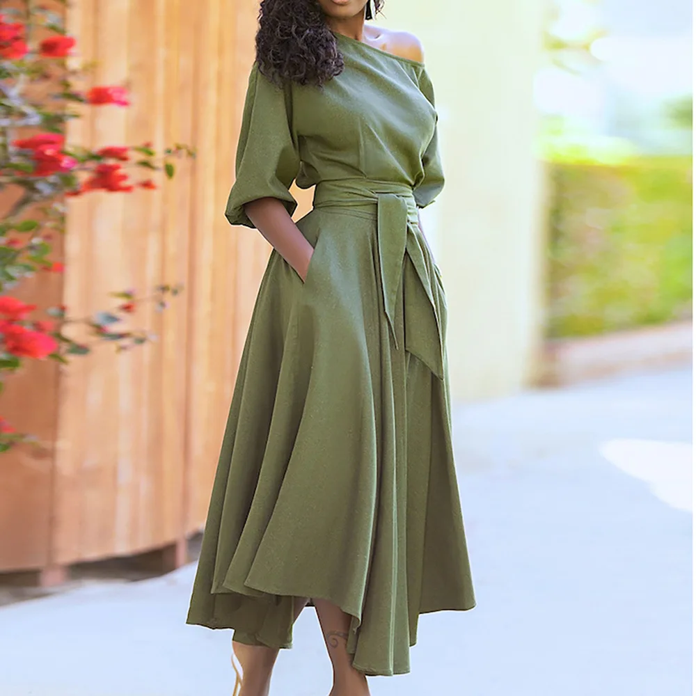 

Women's Solid Color Flare Dress Oblique Shoulder Collar Tie Waist Casual Elegant Robe for Ladies 2024 Summer New