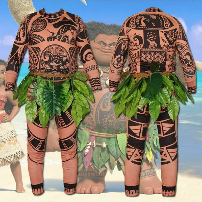 Camiseta/Pantalones con Tatuaje de Maui de Moana, Disfraces de Cosplay de Halloween para Adultos, Hombres y Mujeres, con Decoración de Hojas, Disfraz de Halloween para Adultos