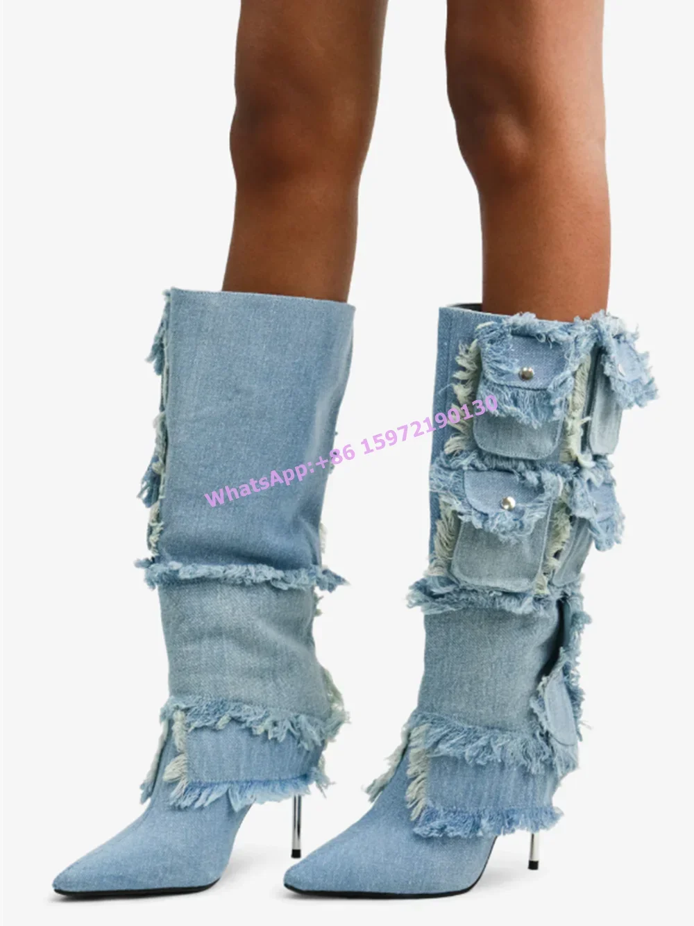 Distress Denim Blue Knee High Boots Pocket Metal Heels Pointy Toe Solid Long Winter Shoes Fashion Ladies Button Chic Shoes