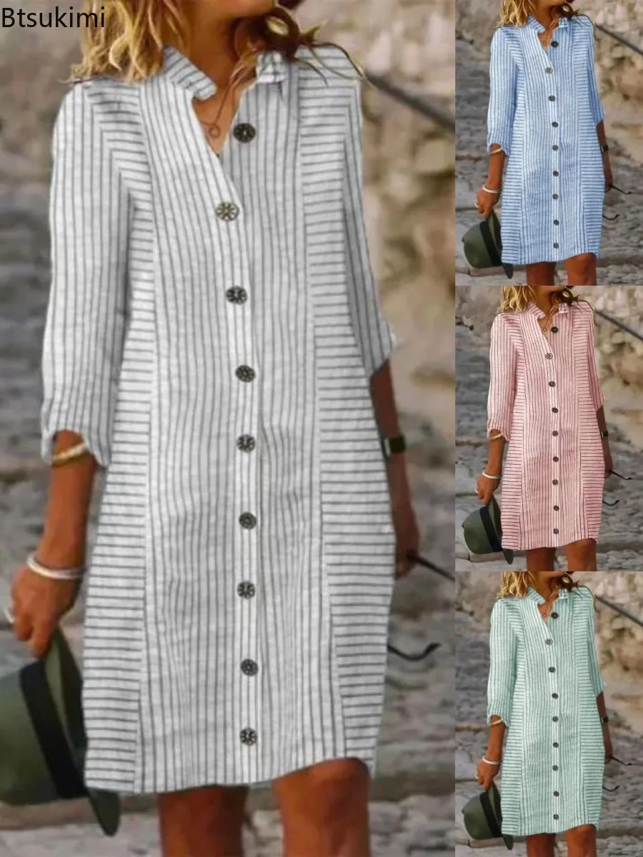 

2025 New Spring Summer Dresses for Womens Fashion Versatile Striped Print Button Dress Casual Loose Shirt Dresses Casual Dresses