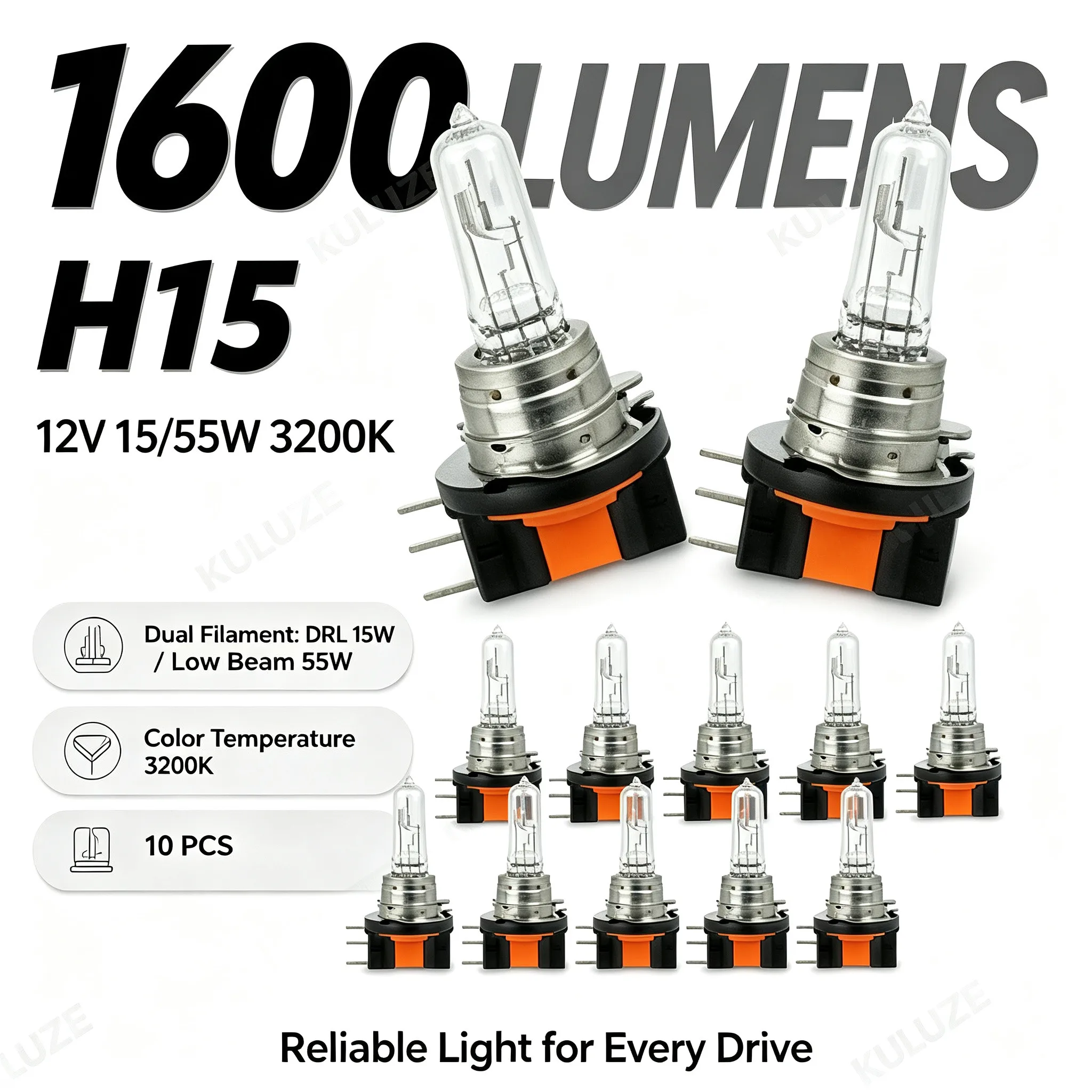 10x H15 Dual Filament Bulbs 12V 15W/55W 3200K Quartz Clear DRL Low Beam Headlight Lamp Replacement for Car Auto Fog Light