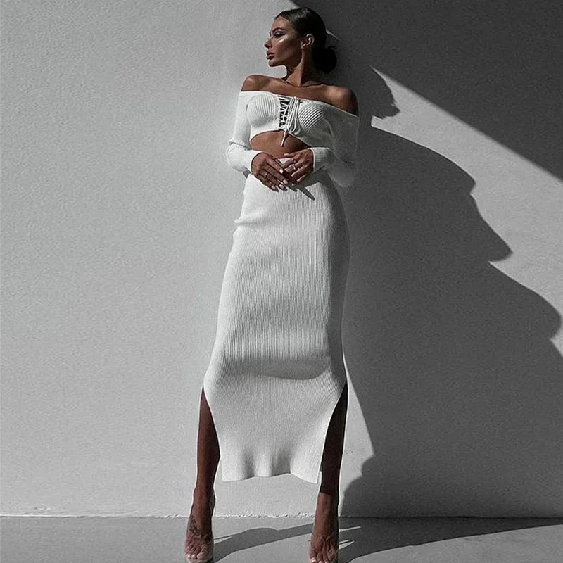 White Knit Two Piece Set Women Outfit 2025 Autumn Winter Ribbed Crop Top And Long Skirt Skirt Sets Fashion Hot Night Club Outfit