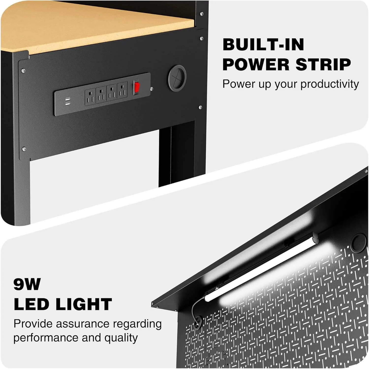 Garage Workbench with Storage, 45" Workbench with Pegboard, Power Outlets and Light, 800 LBS Multipurpose Work Bench for Garage