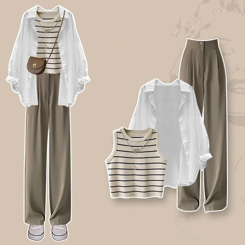 2023 Spring Summer Women Pants Set Korean Lady Casual Loose Solid Shirt Stripe Vest Wide Leg High Waist Pants Suit White Blouse