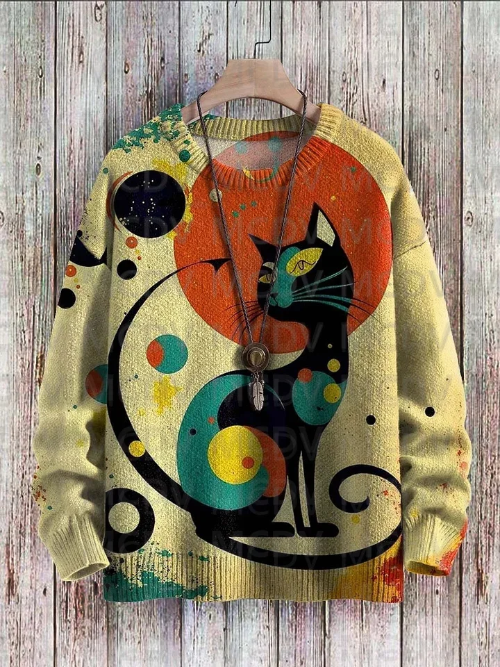 Halloween Cat Multicolor Print Casual Knit Pullover Sweater Men's For Women's Pullover