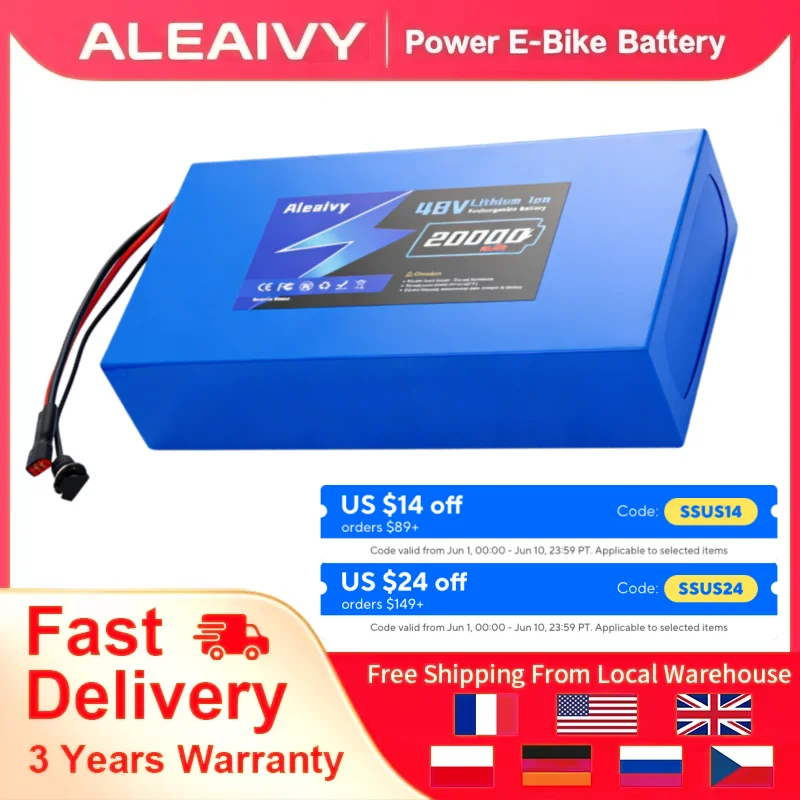Brand+ Genuine Aleaivy High Capacity 48V 20Ah 18650 13S7P 20000mAh Lithium Ion Battery Pack With 2A Charger And 40A Built-in BMS For 250W~1500W 48V / 54.6V Bicycle/Scooter