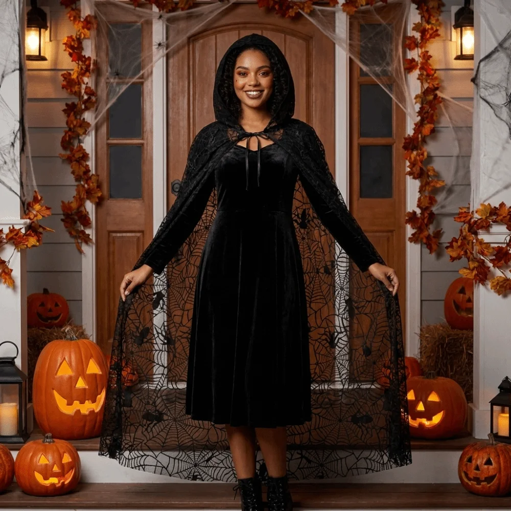 Lightweight Halloween Hooded Cape Black Semi-transparent Spider Web Mesh Cardigan Bat Creative Long Cloak Music Festival