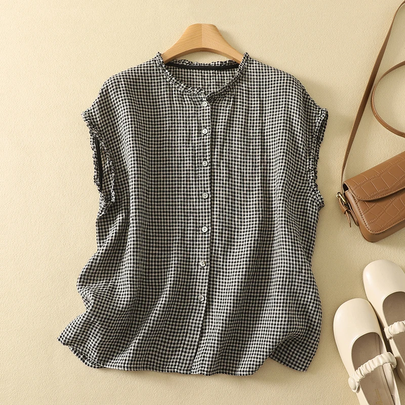 Letnia Nowość Tanie Cienkie Bawełniane Lniane Luźne Krótkie Koszulki Retro Bez Rękawów Okrągły Dekolt Prosty Krój