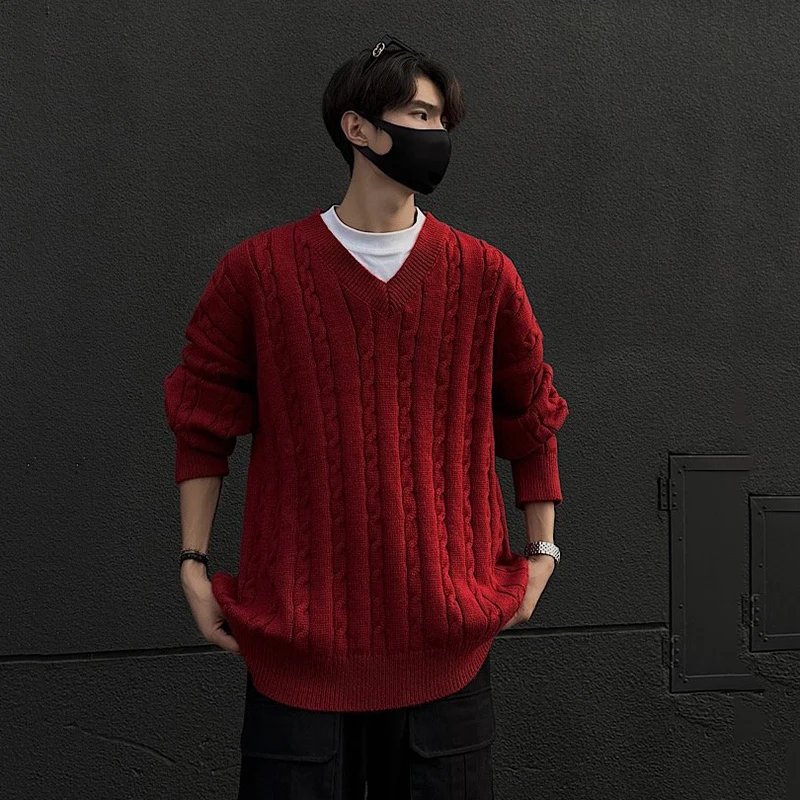 IEFB Korean Style Men's Sweaters Loose V-neck Thickened Weave Solid Color Knitting Tops Casual Male Pullovers Autumn Tide 9C8402