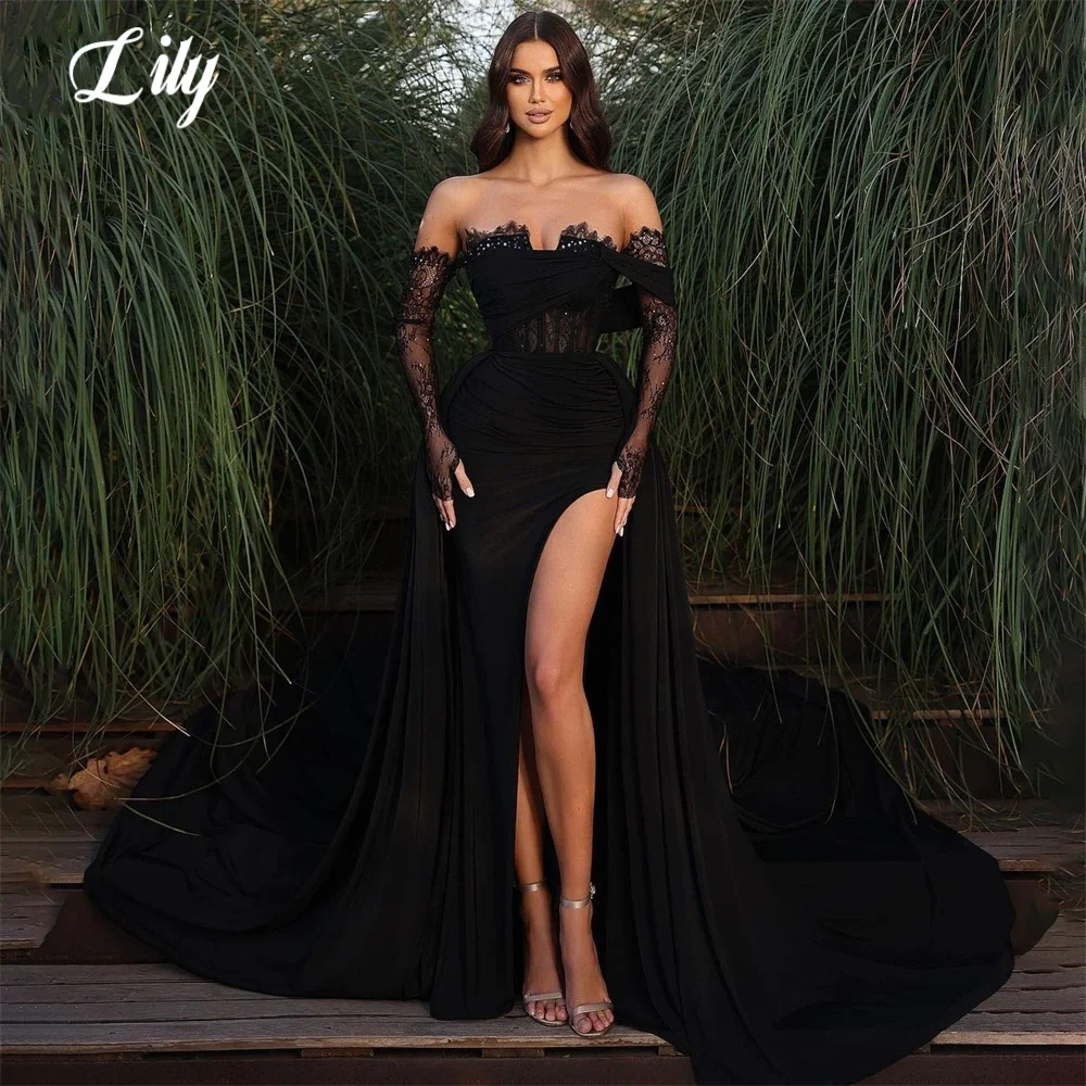 Lily Black Sexy Off-Shoulder Prom Dress Sweetheart Side Split Long Evening Dresses Embroidery Lace Ball Gown abiti da cerimonia