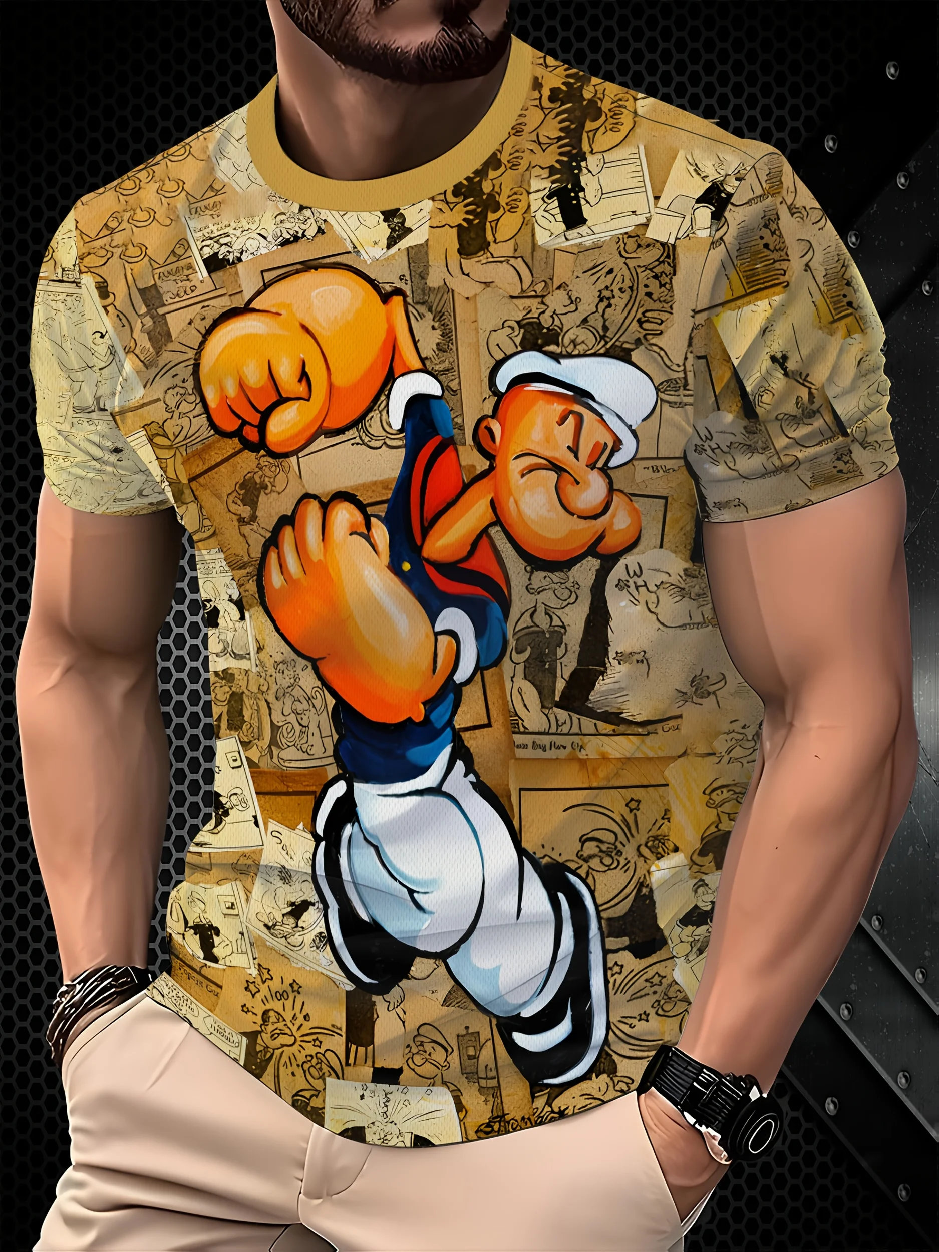 Vintage Popeye Sailor Man Men T‑Shirt, Old Comic Paper Collage Art Graphic Short Sleeve Crew Neck Cartoon Fan Casual Street Top