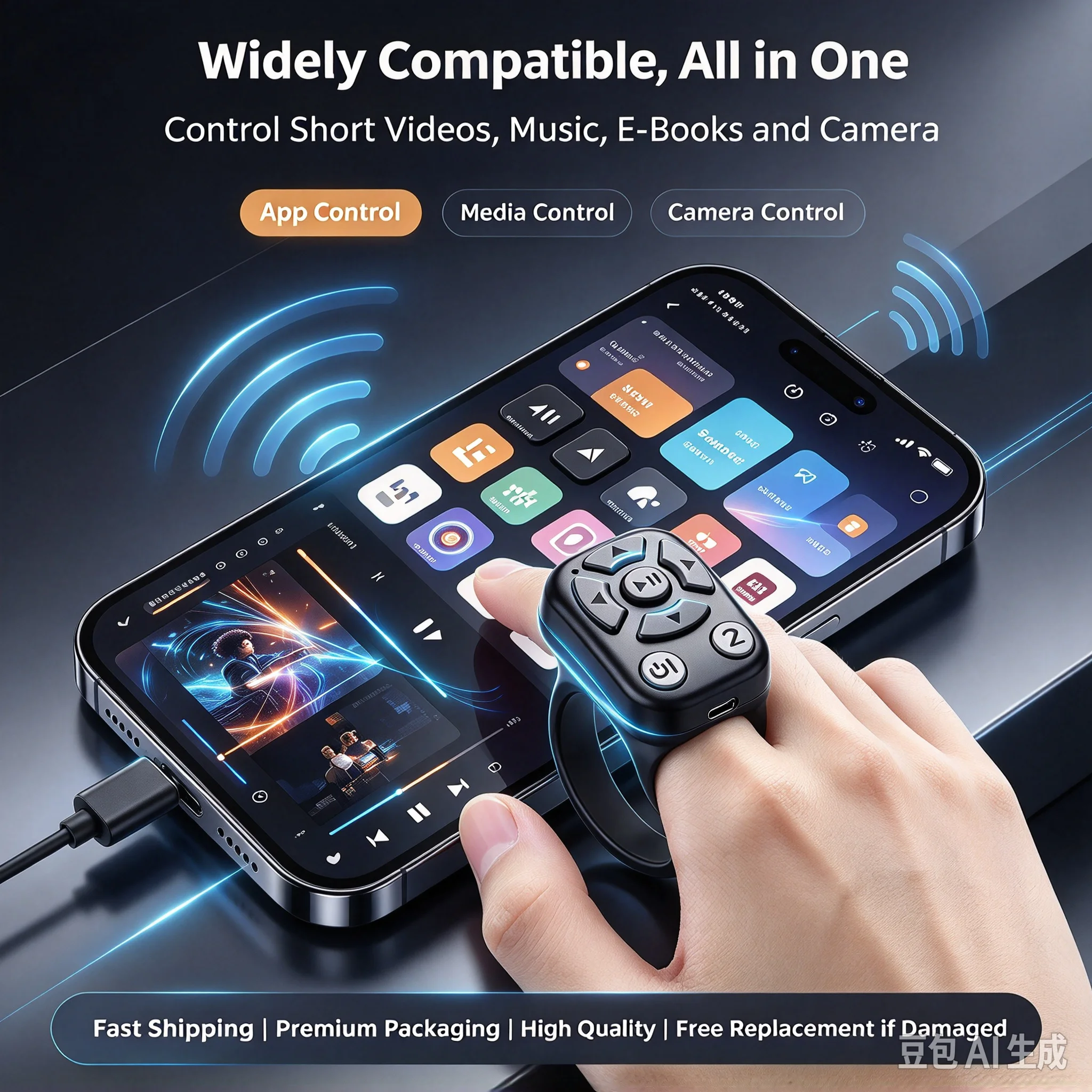 Bluetooth Scrolling Ring Remote Control, Wireless Page Turner Camera Shutter for Mobile Phone Tablet Short Videos