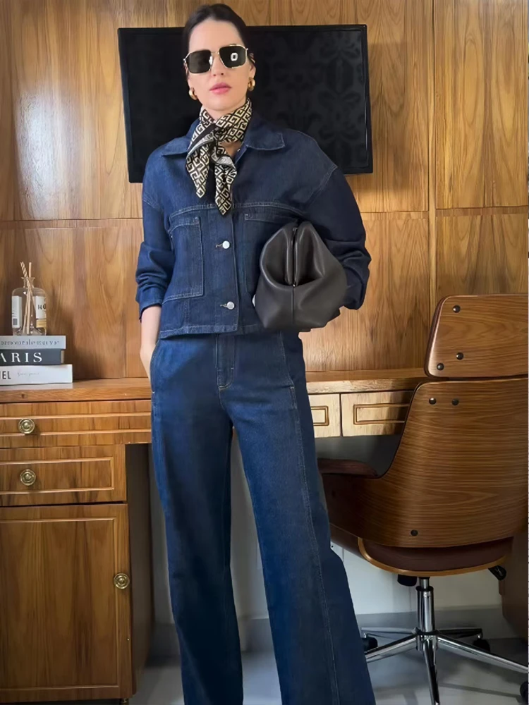 HXAO Set Denim Set Jeans Wanita Denim 2 Potong Set Celana Panjang Wanita Pakaian Jalanan Pakaian Denim Dua Potong Set Jaket Atasan Denim Wanita