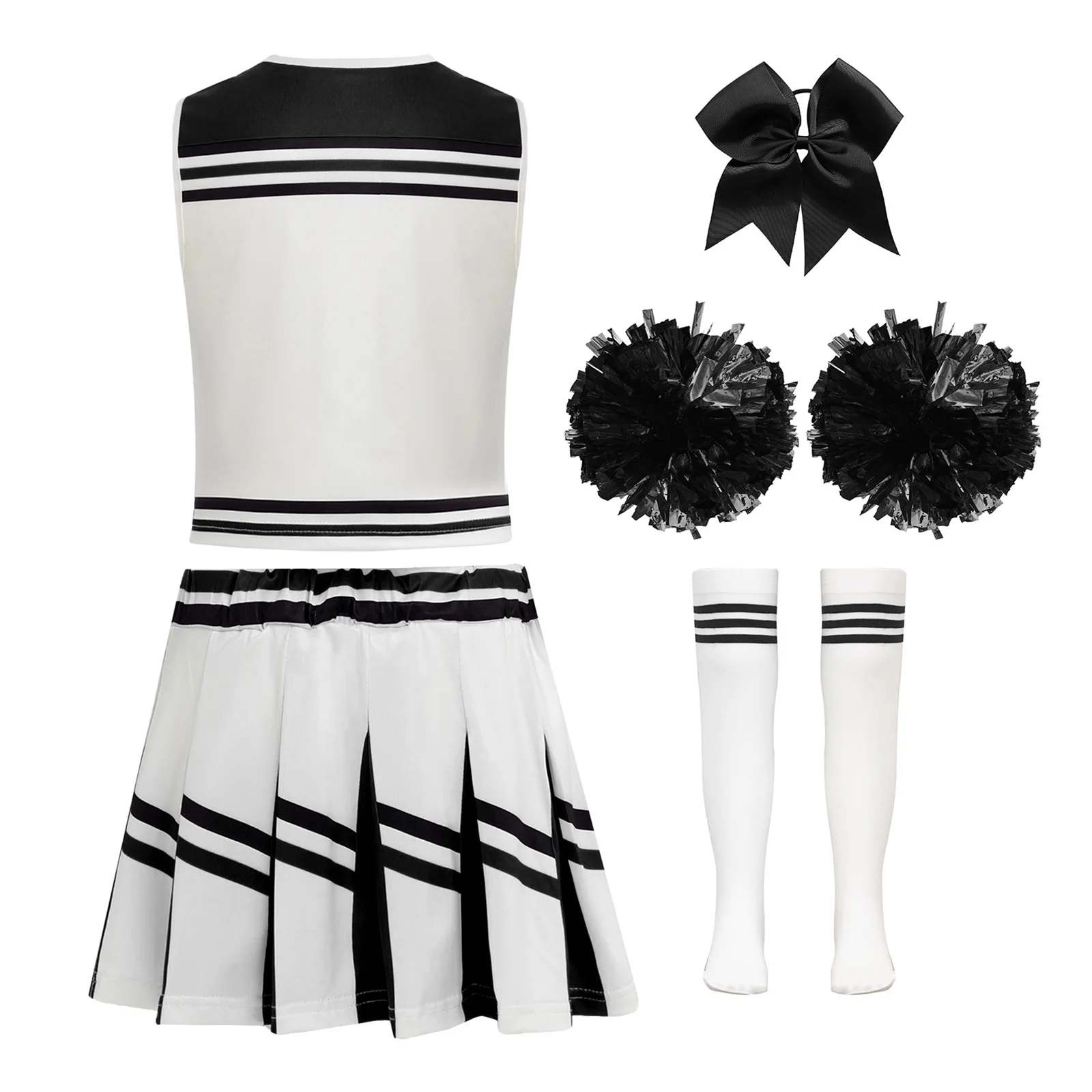 Kids Girls Cheerleader Cheer Leader Outfit Schoolgirl Dance Costume Sleeveless Top with Skirt Hand Flowers Hair Tie Socks Set