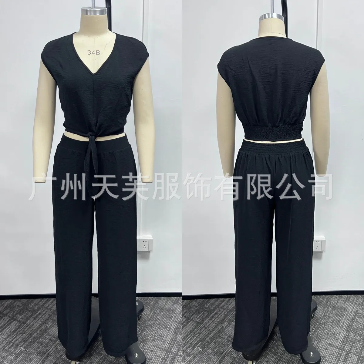 

2 Piece Set Pants Sleeveless Crop Neck Trousers High Waist Tie Waist Wide Leg Pants Solid Color Lightweight Fabric Pants