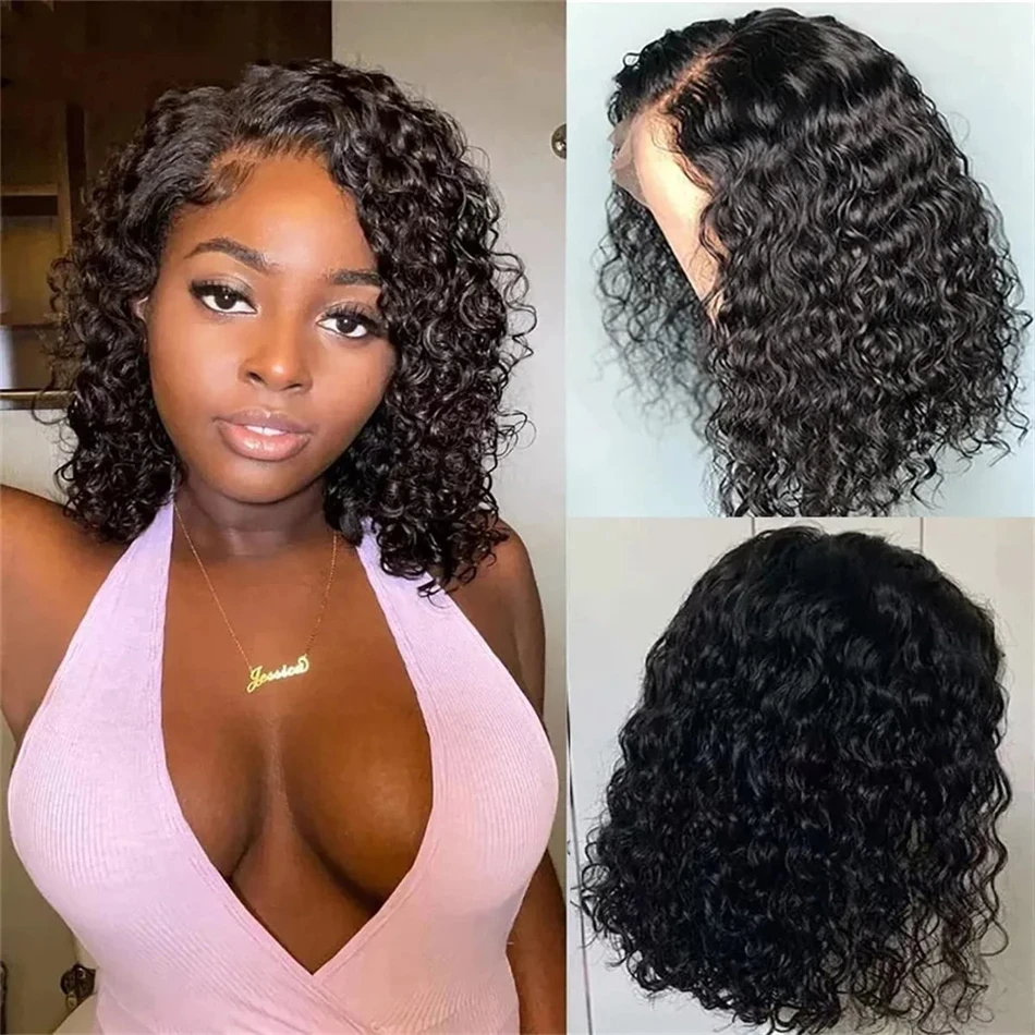 Brazilian 200 Density 14 Inch Bob Lace Front Black Deep Wave Curly Wigs 100% Human Hair 13x6 Lace Frontal Wig on Clearance Sale