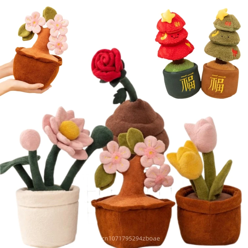 Muñeco de peluche en maceta con planta divertida de alta calidad, tulipán de dibujos animados, flor de melocotón, rosa de loto, árbol de Navidad, juguete de peluche, decoración navideña para el hogar