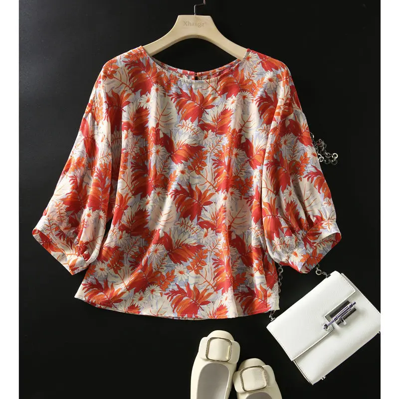 Casual Fashion O-Neck Chiffon Printing Shirt Summer Women\'s Clothing 2023 New Korean Female Loose Pullovers 3/4 Sleeve Blouses