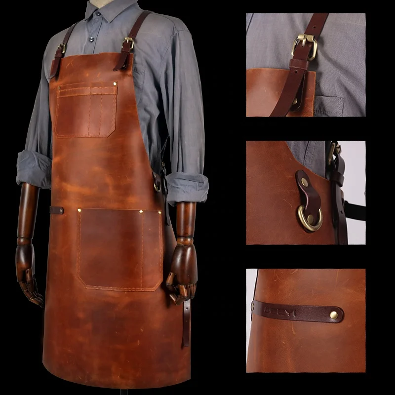 Europe Korea United States PU Leather High Vintage Custom Barbecue Kitchen Chef Baking Pocket Practical Brown Long Apron