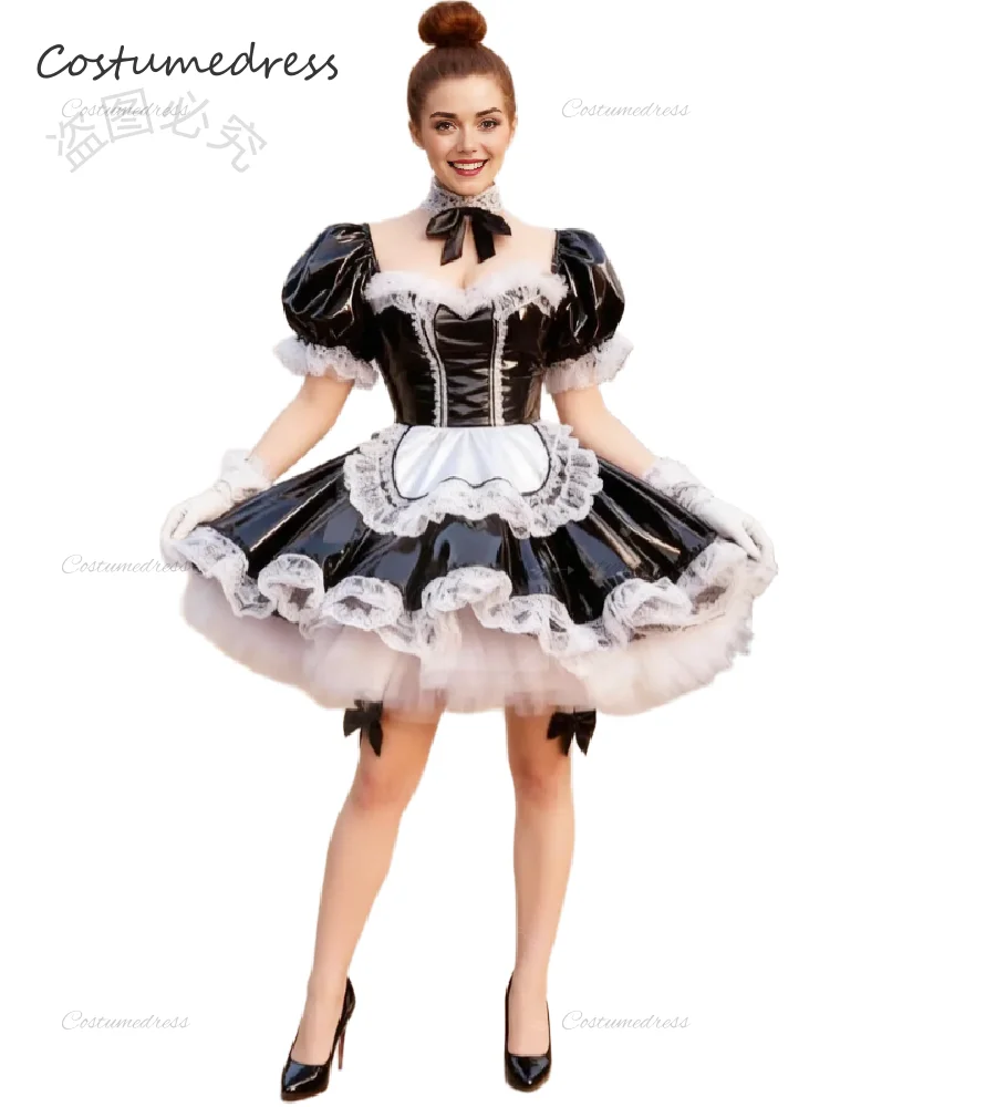 

Elegant Black Puffy Maid Dress With Apron Halloween French Gothic Evening Dress 2026 Lace Vintage Costume Prom Dress Pvc Party