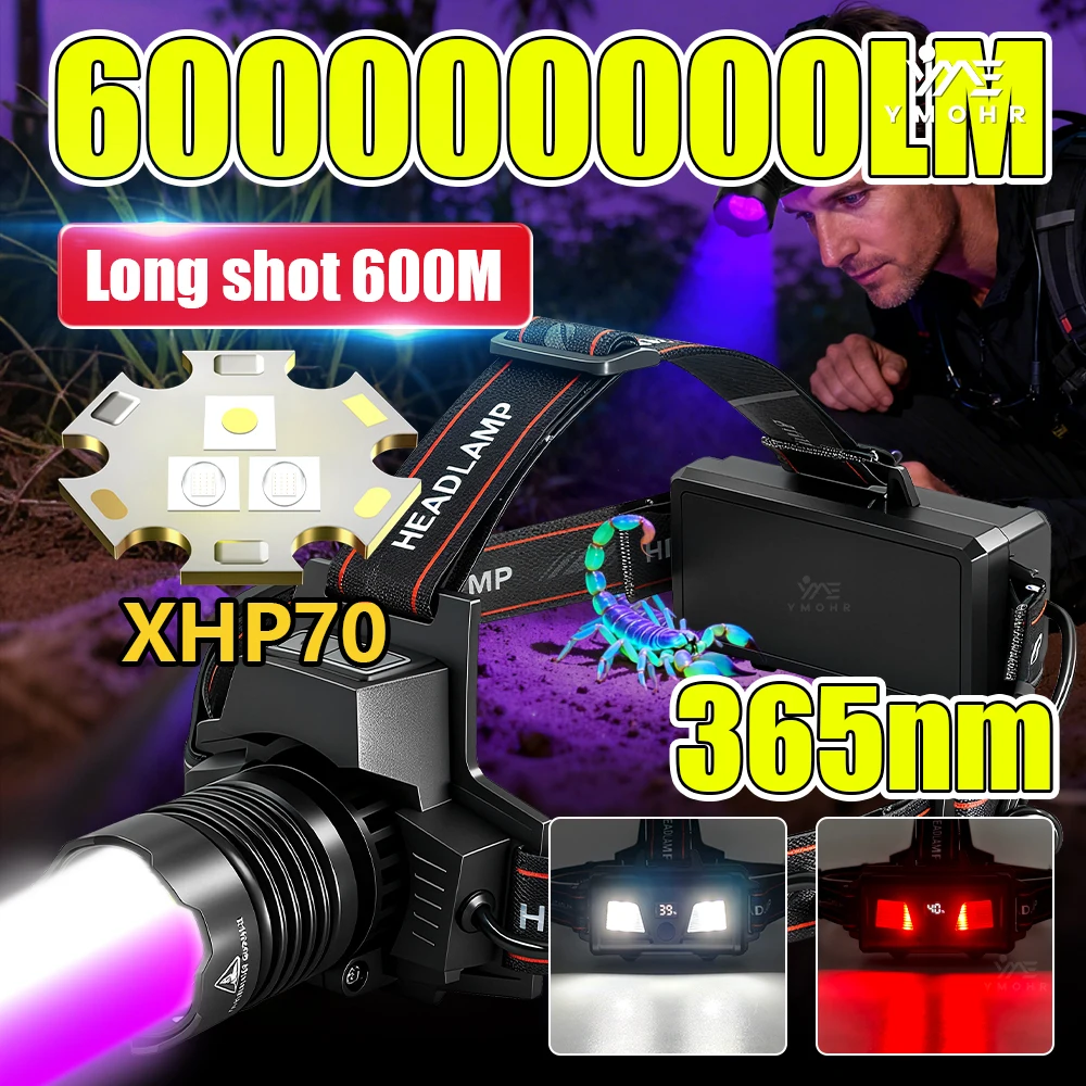 365NM UV Powerful Headlamp Work Light Rechargeable LED Front Lamp 2x18650 Telescopic Head Lantern Safety Hair Light Repair Works